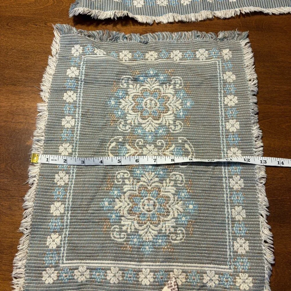 Vintage Austrian placemats cotton linen cream blue fringe set of 2 embroidered